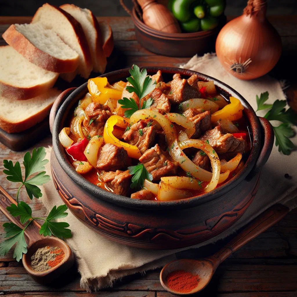 Hearty Slovak Zbojnícky Guláš stew with tender meat, potatoes and paprika in a deep bowl