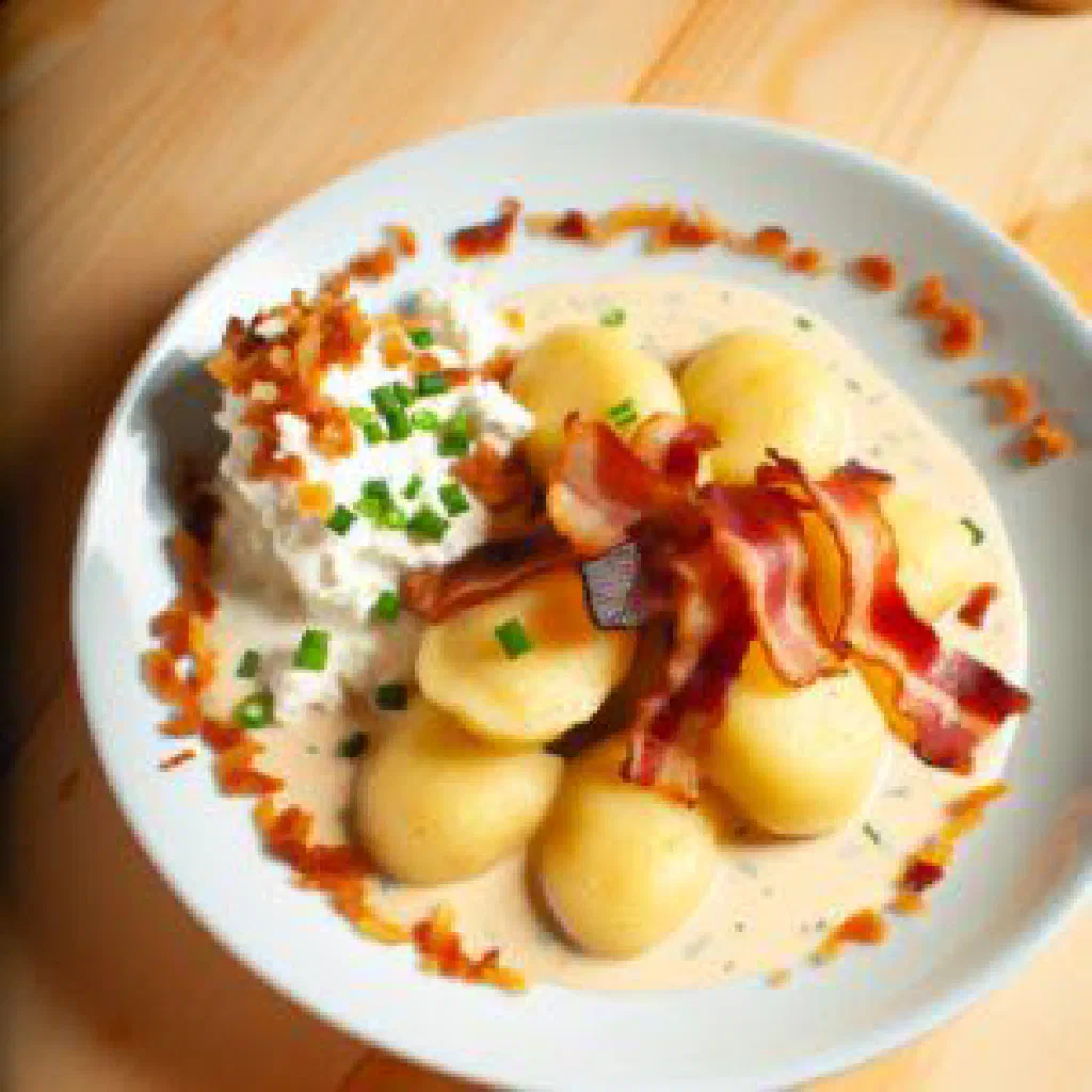 Soft potato dumplings topped with creamy bryndza and crispy smoked bacon