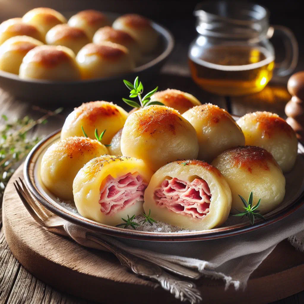 Golden potato dumplings filled with smoked meat, pan-fried in butter