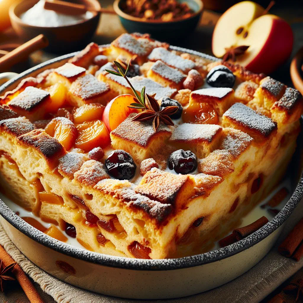 Baked Slovak žemľovka bread and apple pudding dusted with sugar