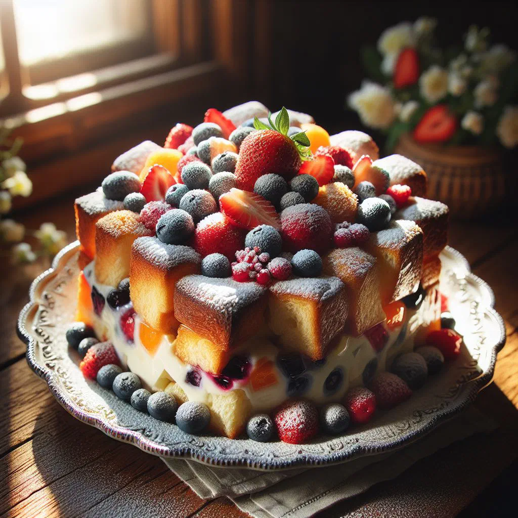 Golden baked Slovak bread pudding layered with quark and fruit, dusted with icing sugar