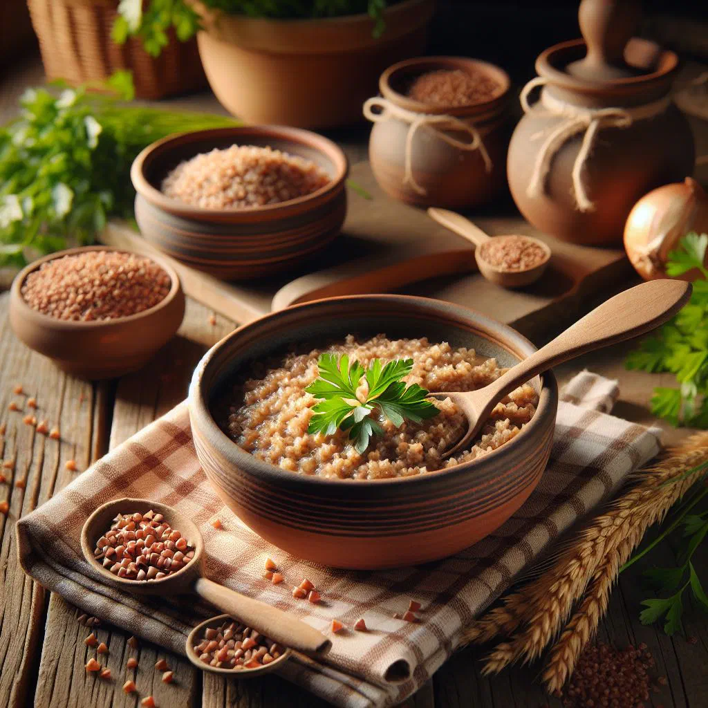 Bowl of Slovenian buckwheat groats with mushrooms and parsley