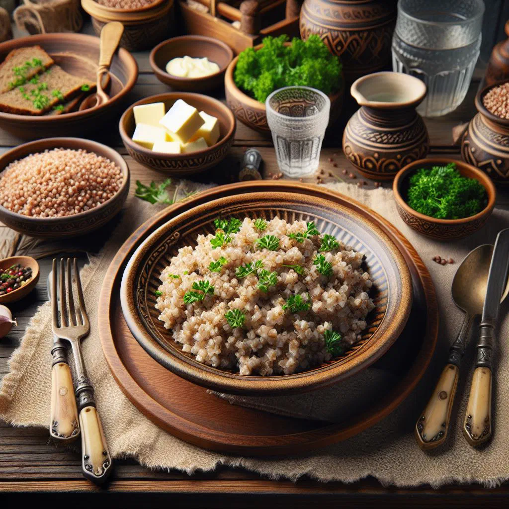 Bowl of Slovenian ajdovi žganci buckwheat spoonbread topped with butter