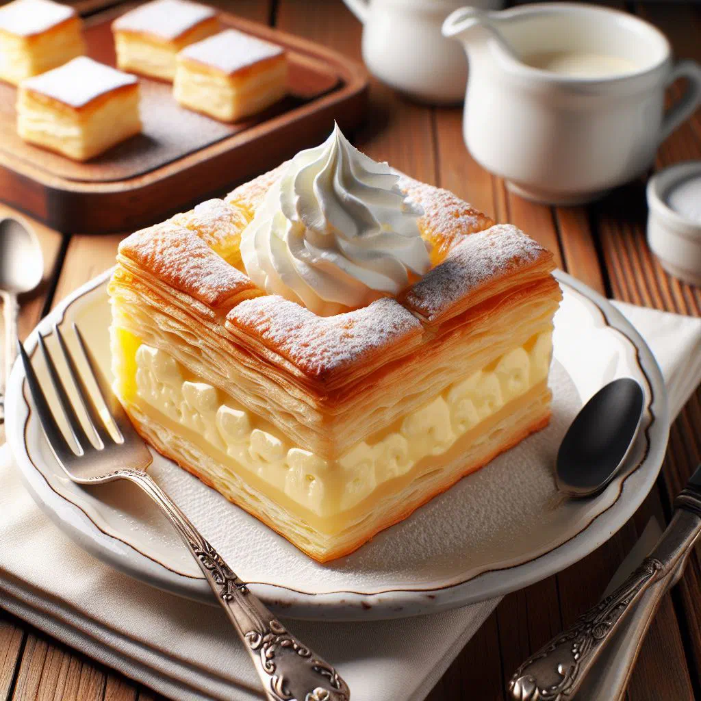 A slice of Blejska Kremšnita with vanilla custard and whipped cream between layers of puff pastry, dusted with icing sugar