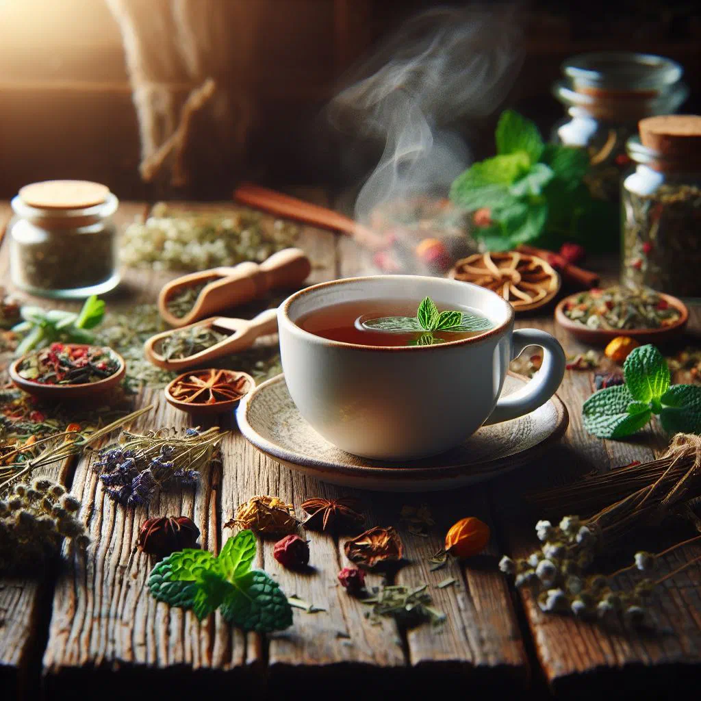 A glass cup of Slovenian herbal tea with fresh herbs and a lemon slice