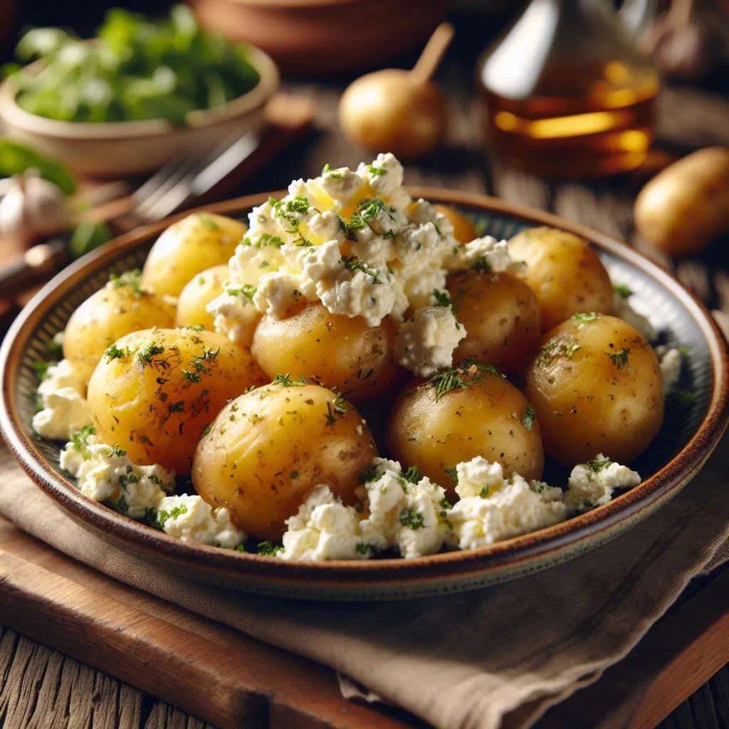 Creamy mashed potatoes with fresh curd cheese, topped with herbs