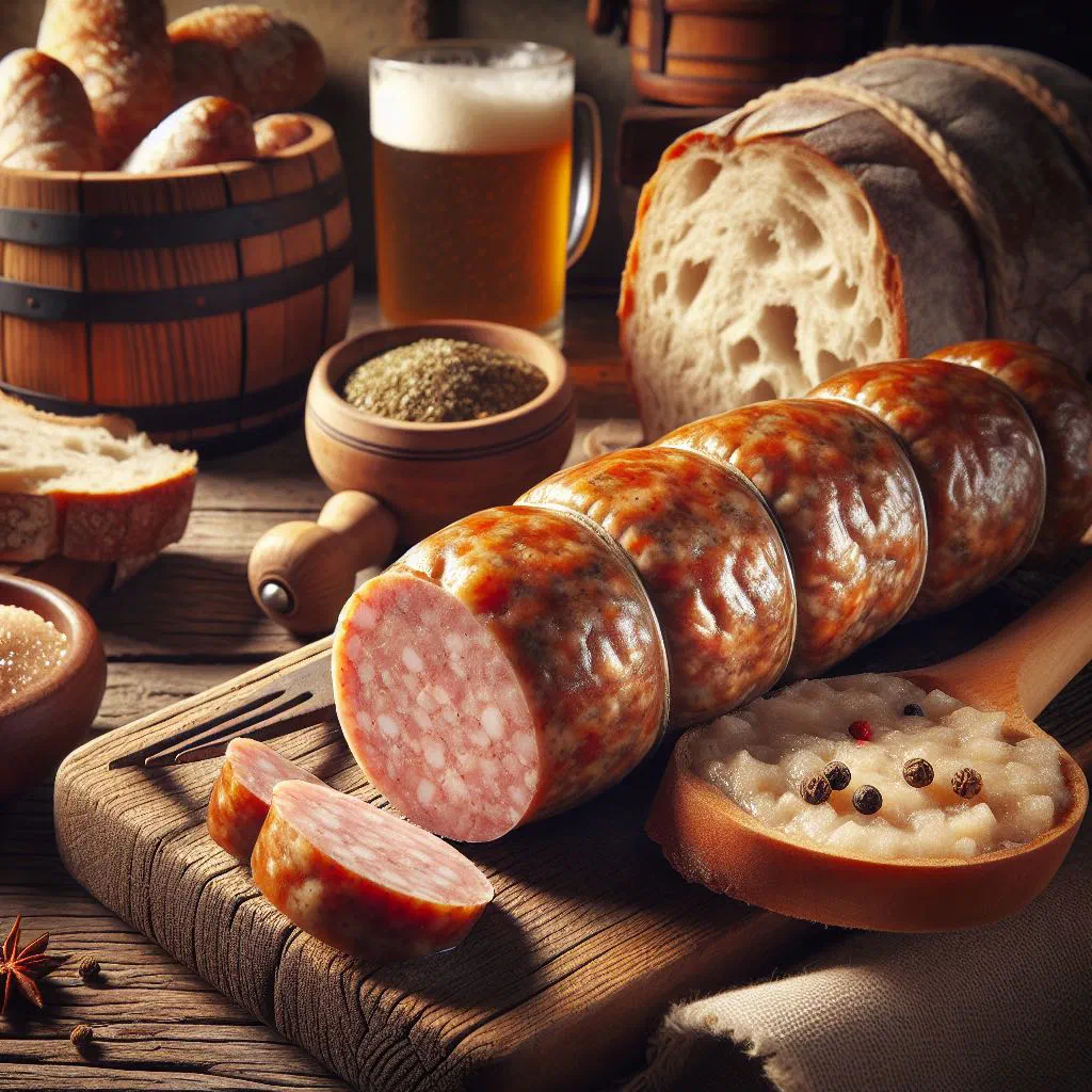 Grilled Gorenjska klobasa sausages served on a rustic wooden board