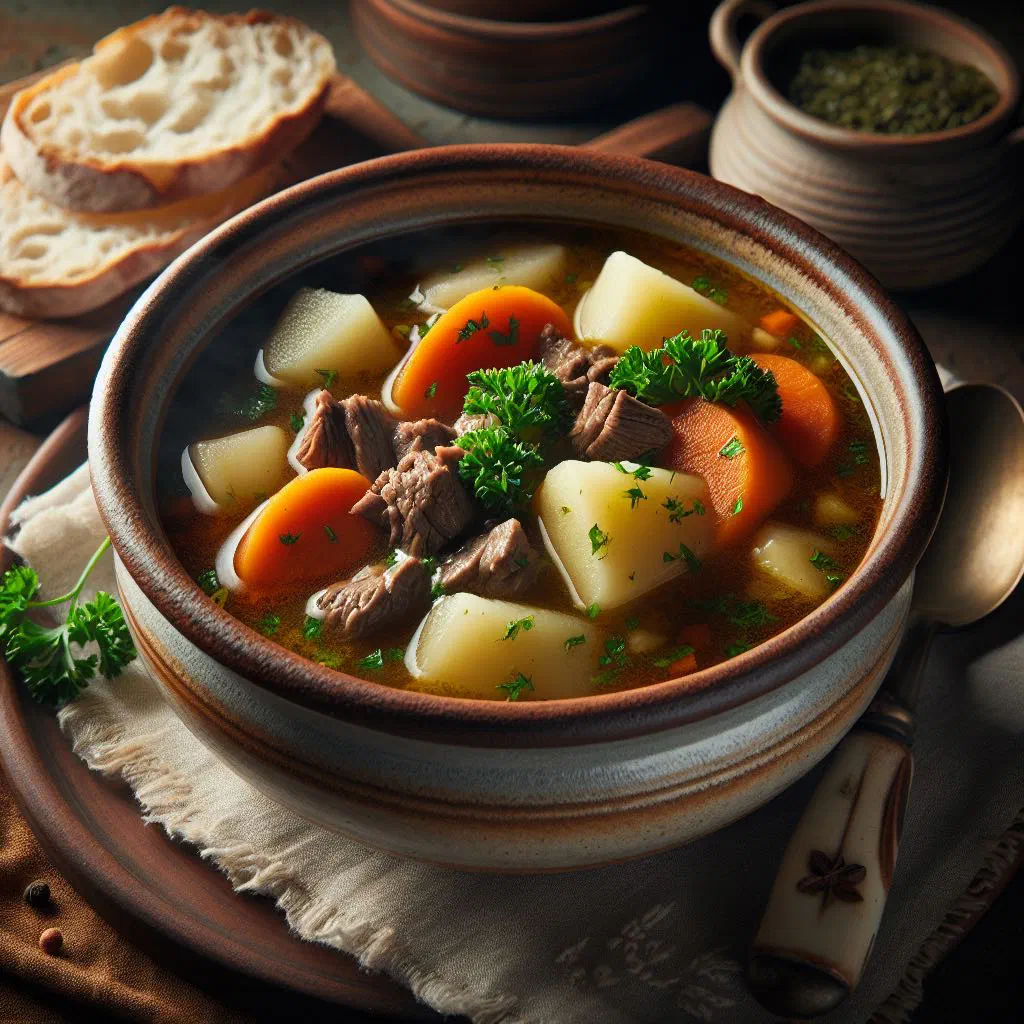 A bowl of Slovenian goveja juha beef broth with vegetables and fresh parsley