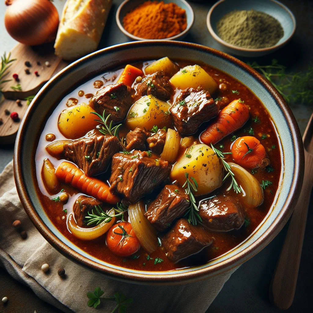 Bowl of Slovenian beef goulash garnished with fresh parsley