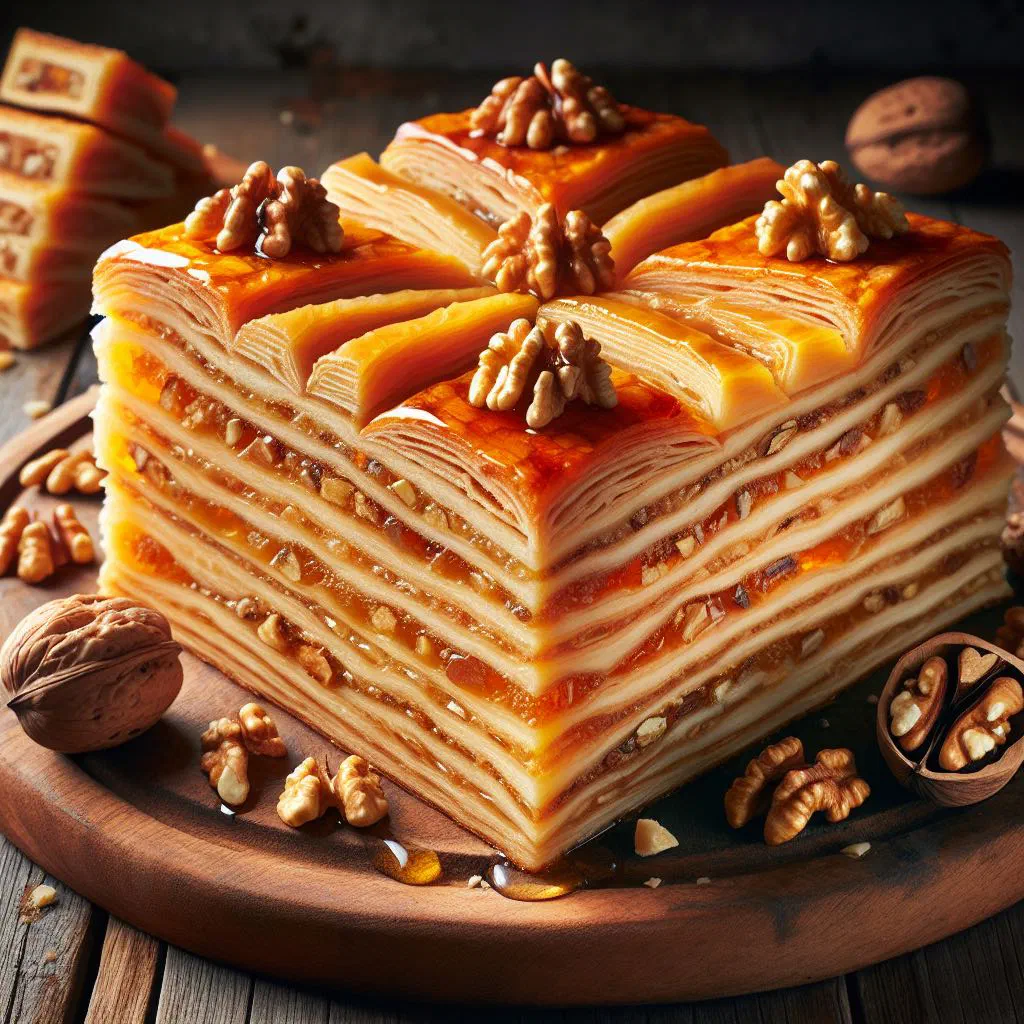Slice of moist Slovenian honey cake with walnuts