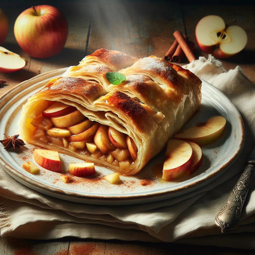 Slovenian apple strudel dusted with icing sugar, sliced to show the apple and raisin filling