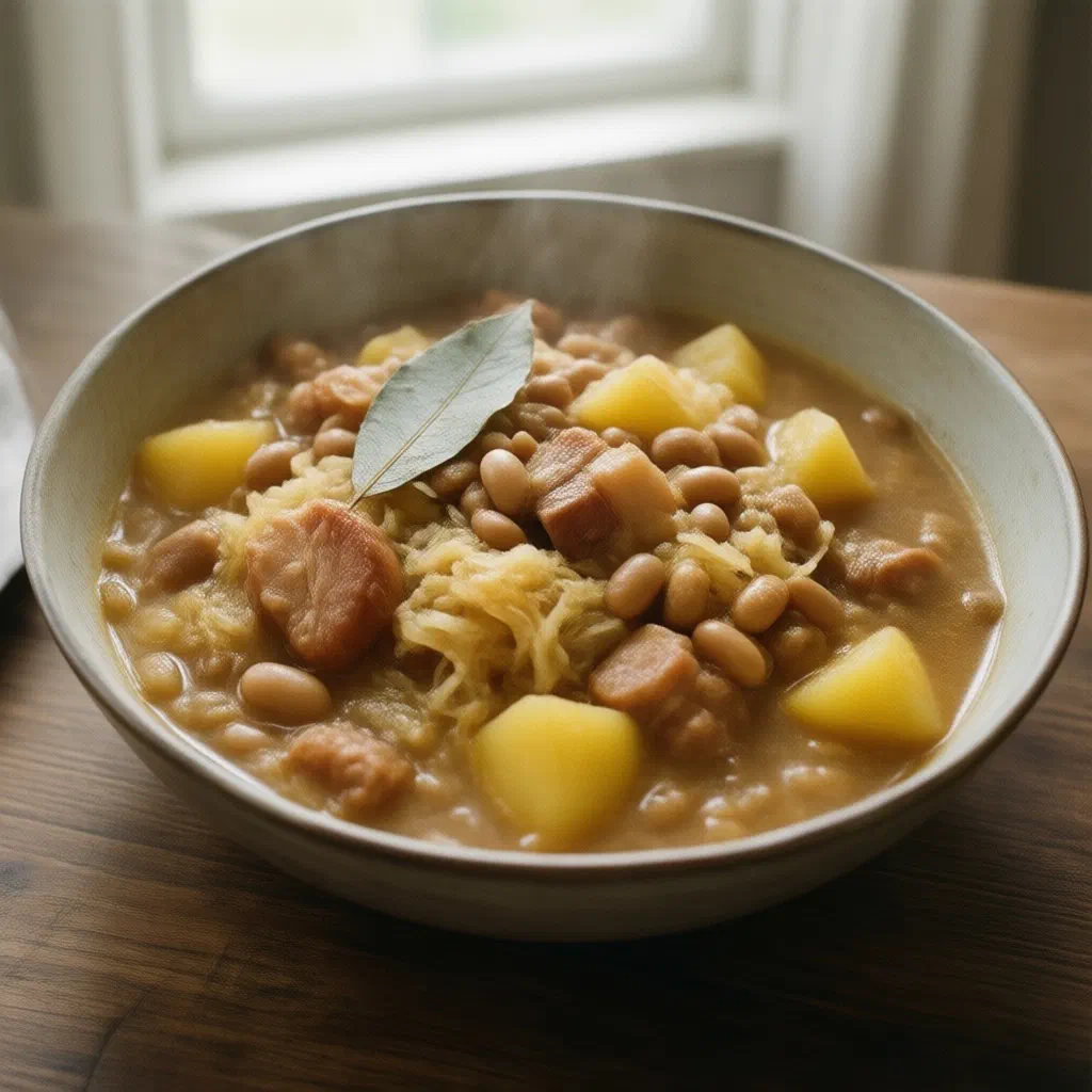 A hearty bowl of Slovenian jota with sauerkraut, beans and smoked meat