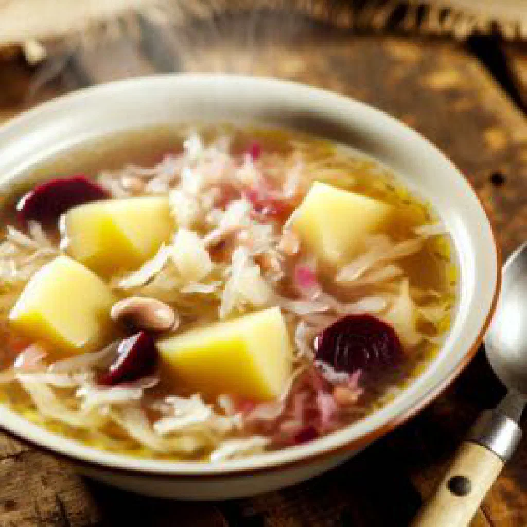 A hearty bowl of Slovenian jota with sauerkraut, beans and smoked meat