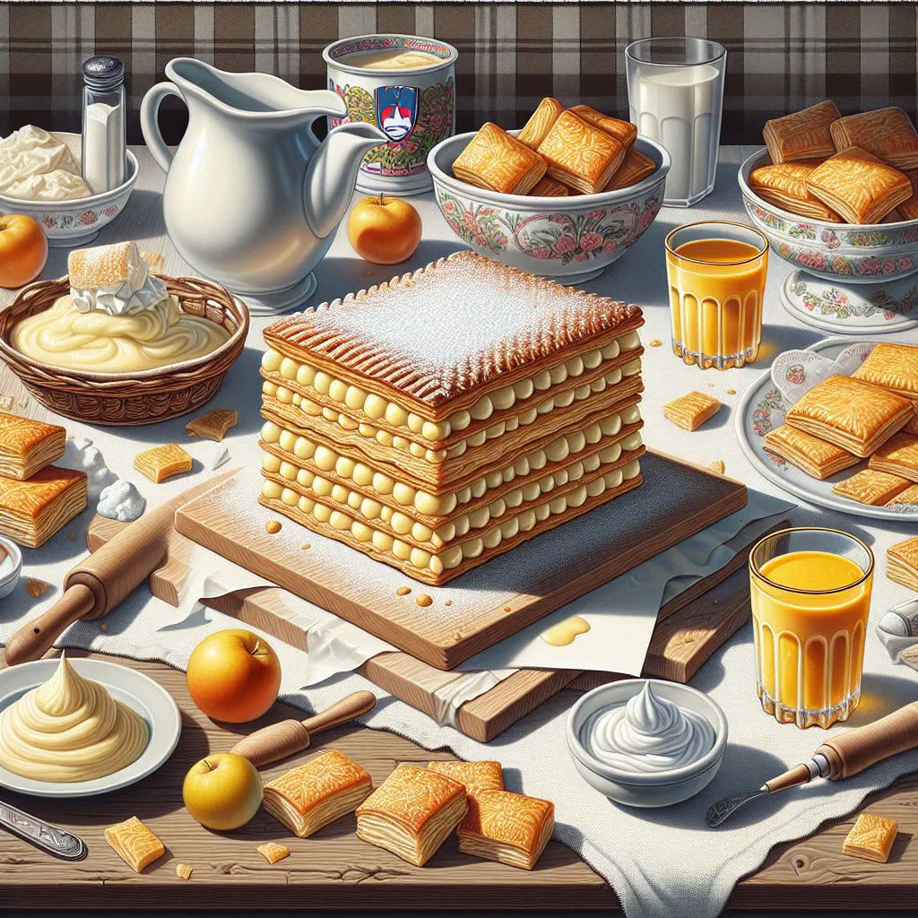 A slice of Kremšnite with layers of puff pastry and vanilla cream, dusted with icing sugar
