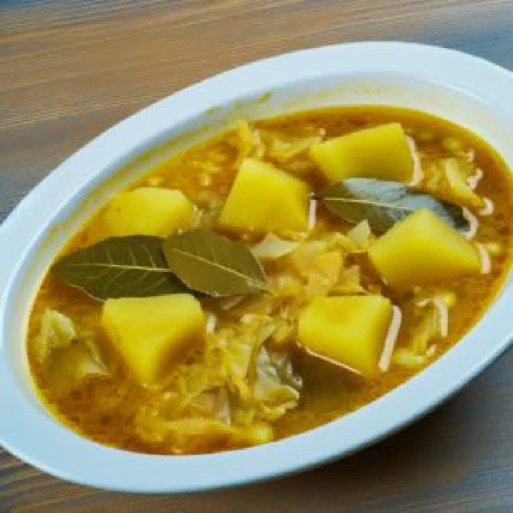 A warm bowl of Slovenian mavželj garnished with fresh herbs