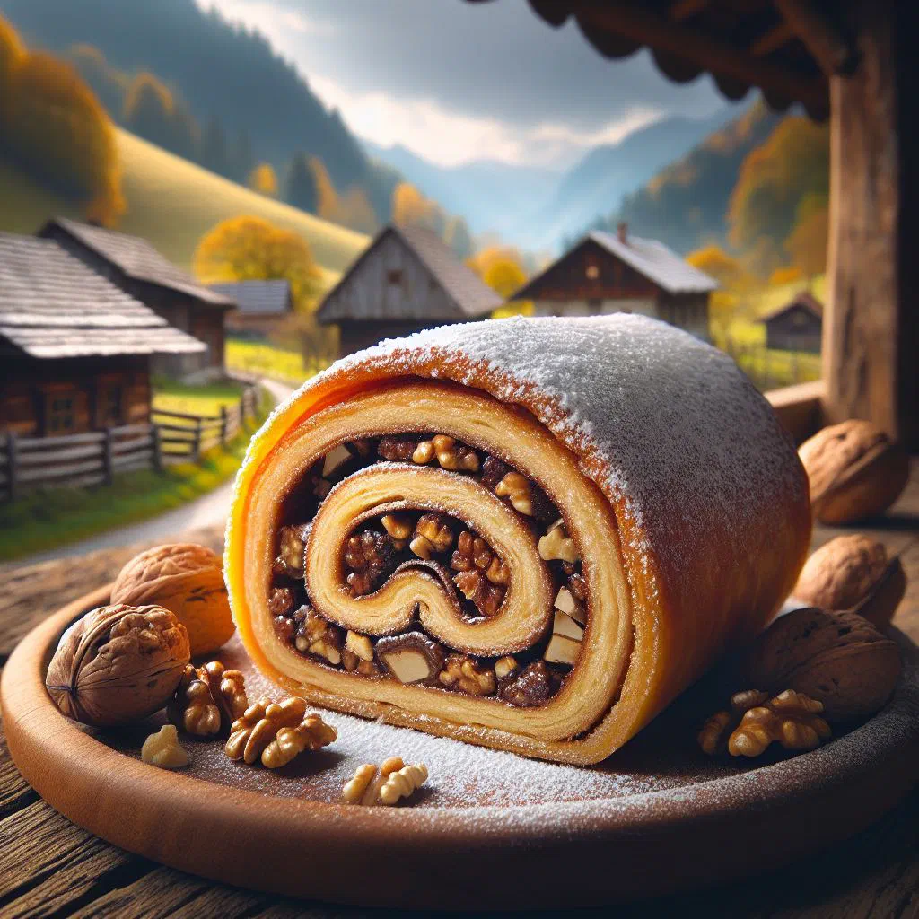 Sliced orehova potica showing the spiral walnut filling