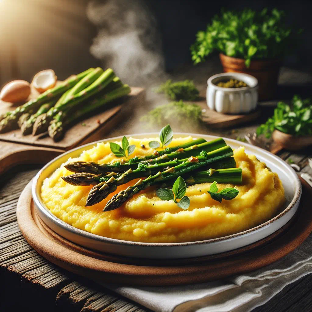 Creamy polenta topped with pan-fried green asparagus and fresh herbs