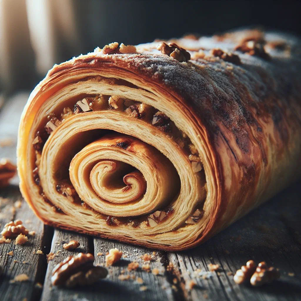 Sliced walnut potica showing the spiral filling, dusted with icing sugar