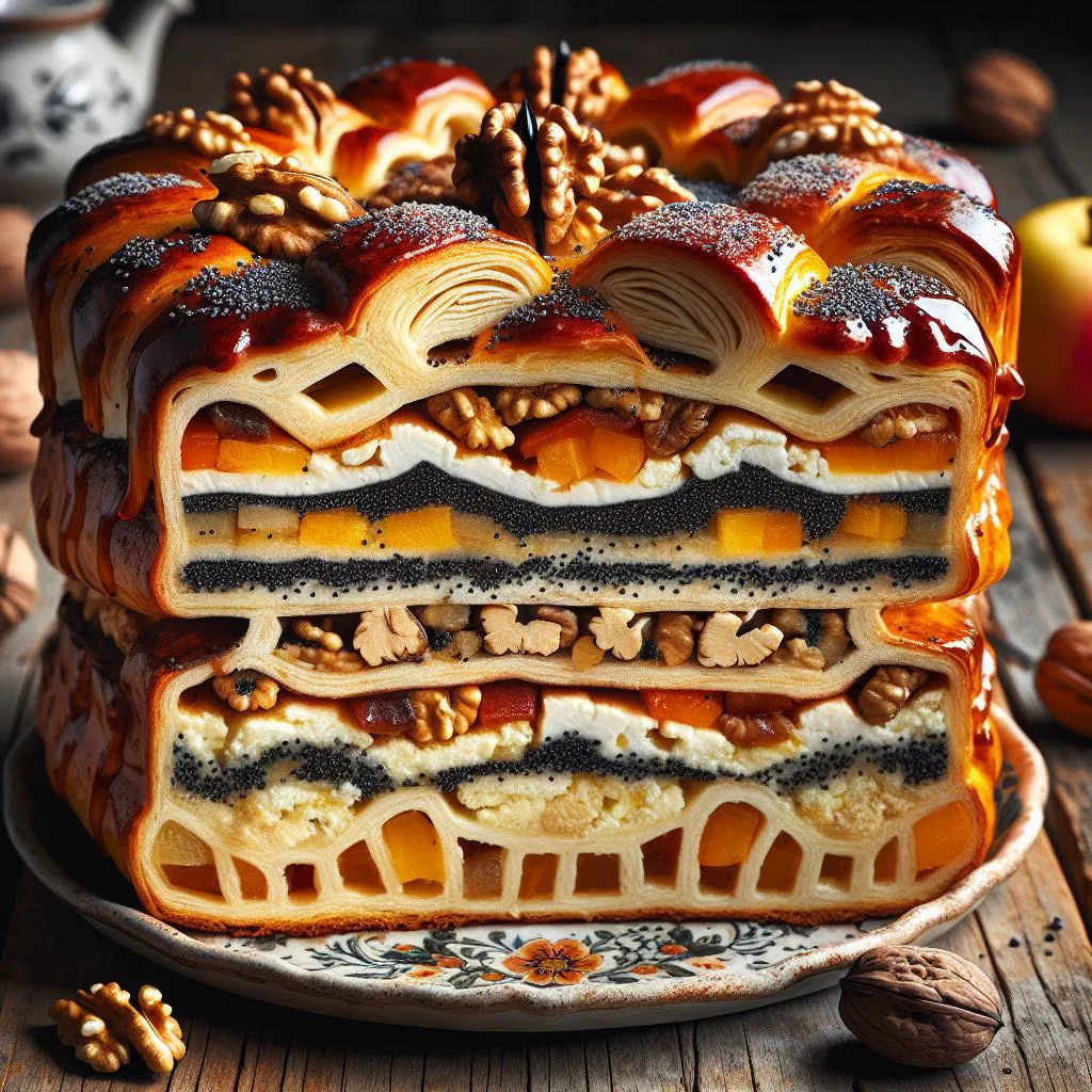 Sliced Prekmurska gibanica showing its layers of poppy seed, quark and apple
