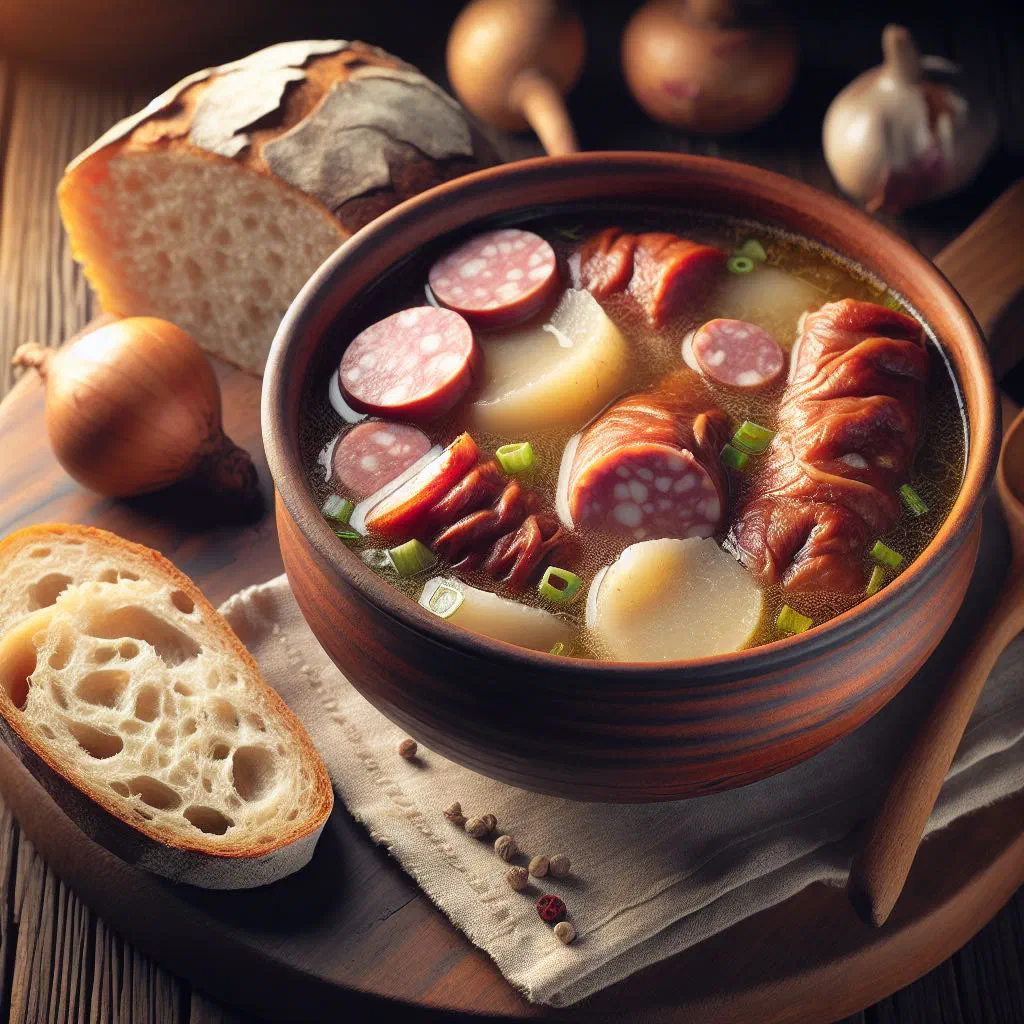 Hearty bowl of Prekmurski Bujt Repa with sauerkraut, potatoes and sausage