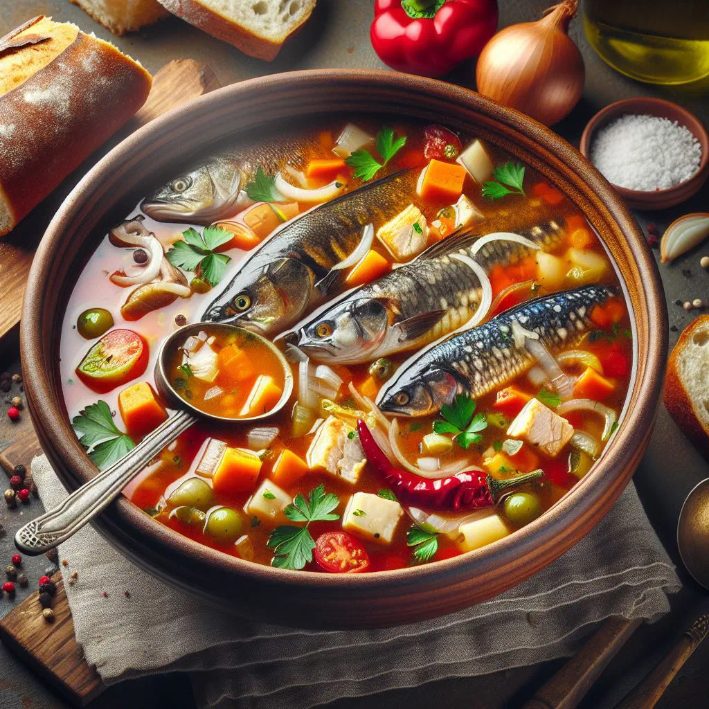 Ribji brodet fish stew in a rich tomato sauce served with polenta