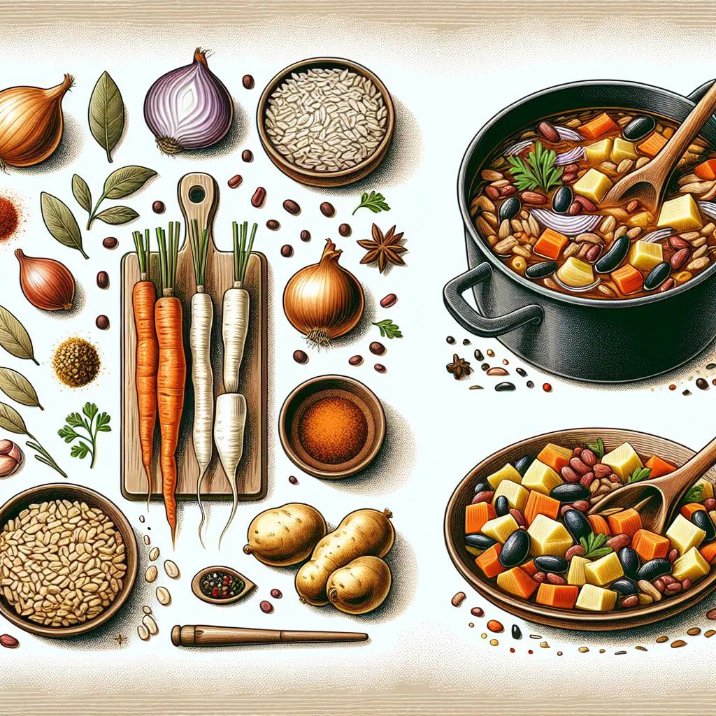 A rustic bowl of Ričet barley and bean stew with vegetables