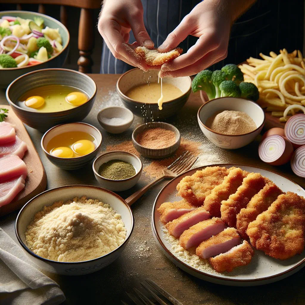 Golden breaded rizek cutlet served with roast potatoes and fresh salad