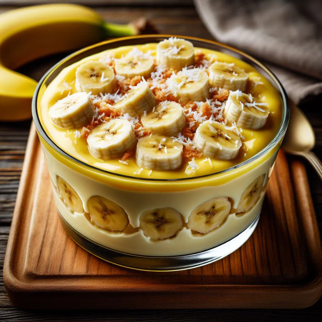 Creamy banana pudding with coconut served in a small bowl, topped with fresh fruit