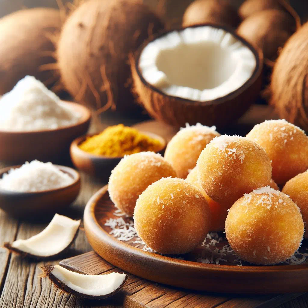 Golden fried cassava and coconut balls on a plate