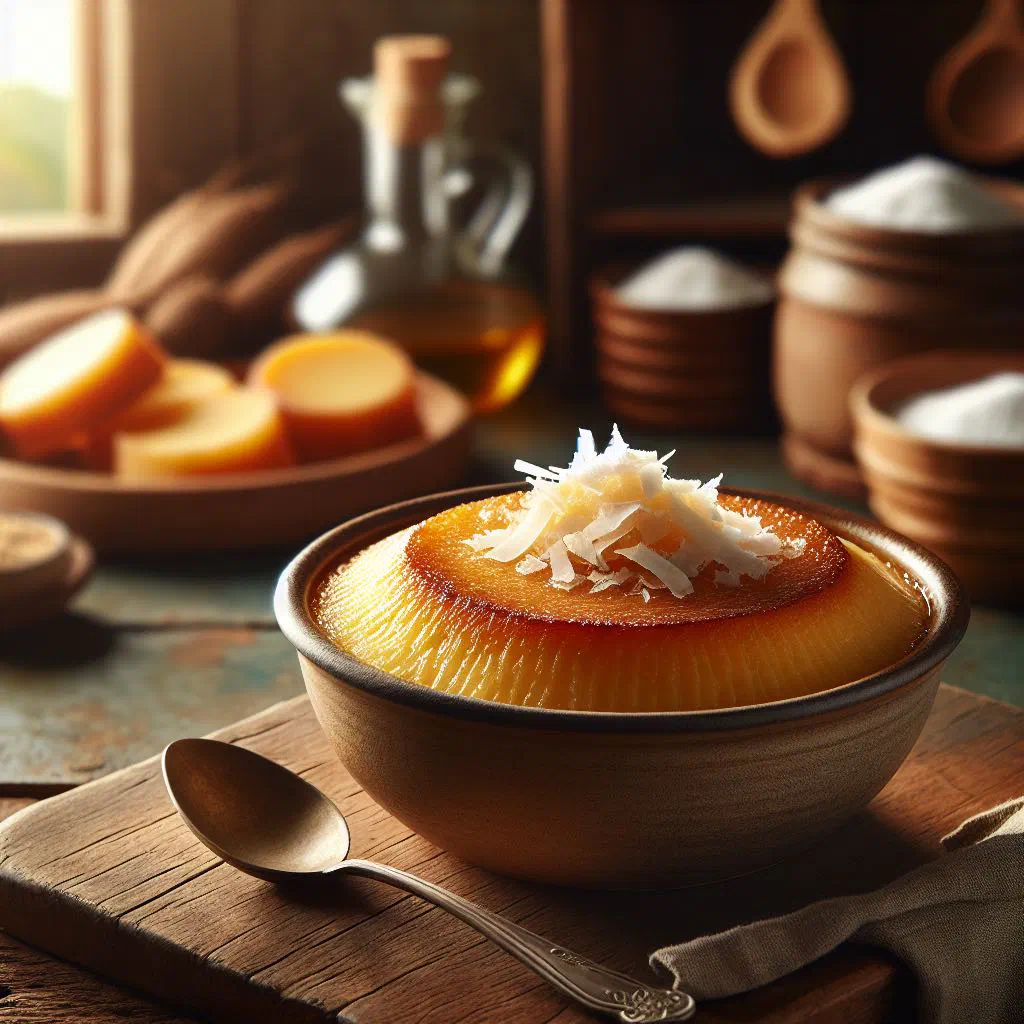 Creamy cassava pudding set in a dish and topped with fresh fruit