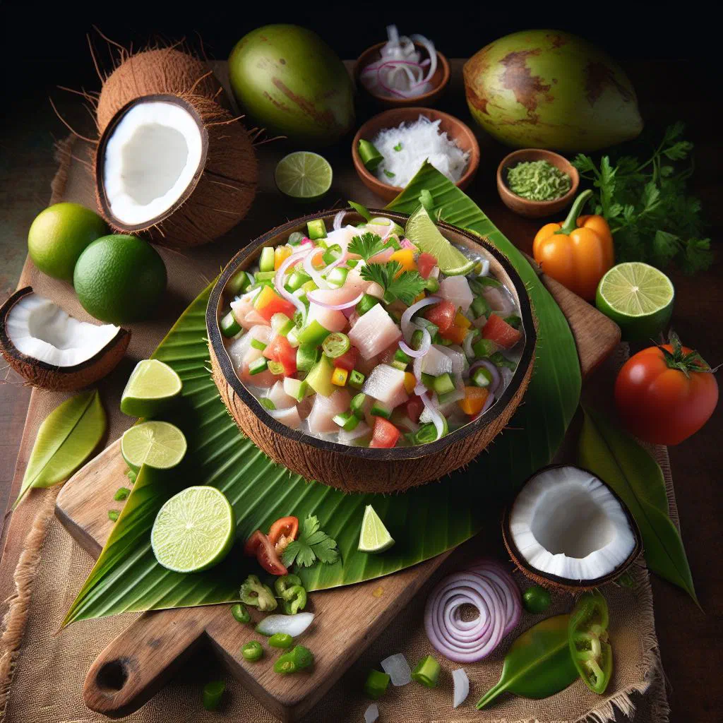 Coconut ceviche with diced tomatoes, onion and fresh lime
