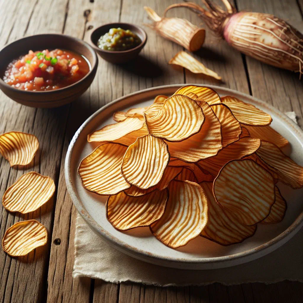 A bowl of golden, crispy fried taro chips sprinkled with salt