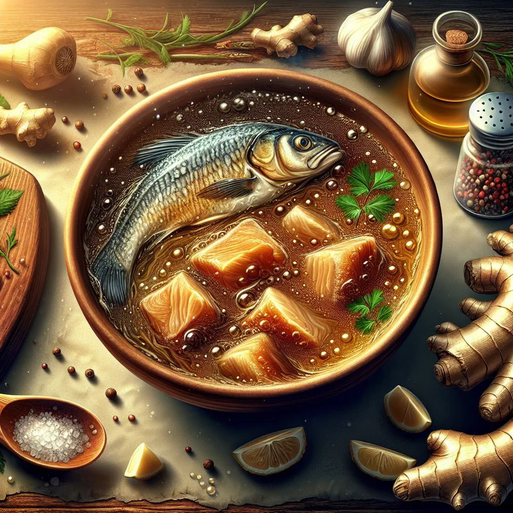 A steaming bowl of ginger fish soup with fresh herbs and lime