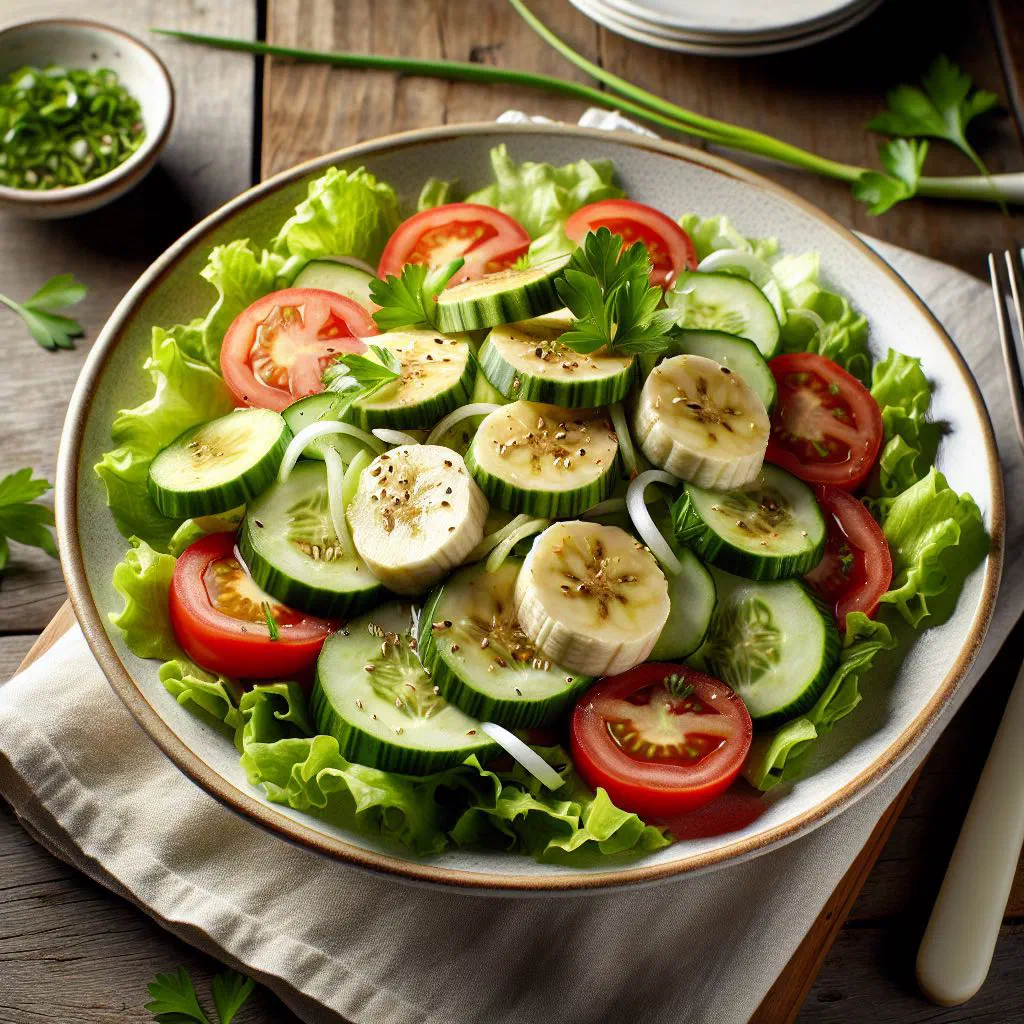 Green banana salad with peppers, carrot and fresh coriander in a bowl