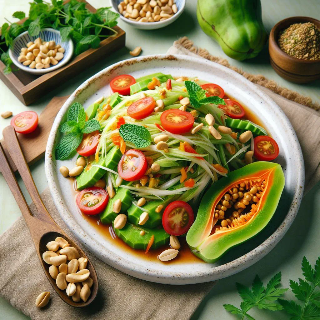 Green pawpaw salad with shredded papaya, carrot, chilli and lime