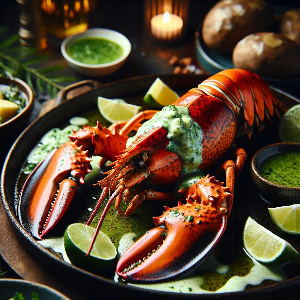 Grilled lobster halves brushed with lime butter and scattered with fresh coriander