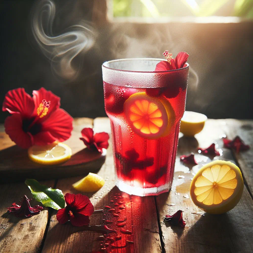 A tall glass of ruby-red hibiscus drink over ice with fresh mint