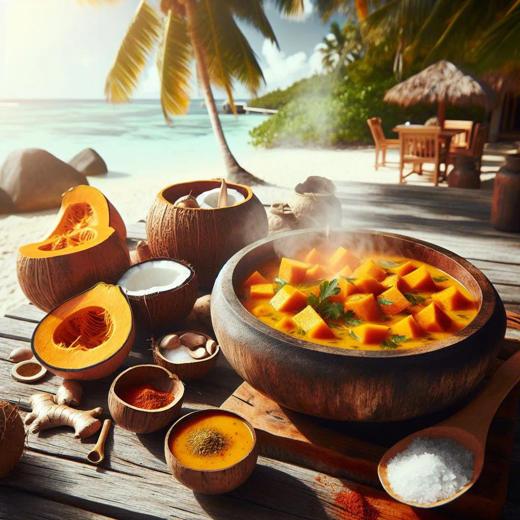 Creamy island style pumpkin soup garnished with parsley and coconut milk