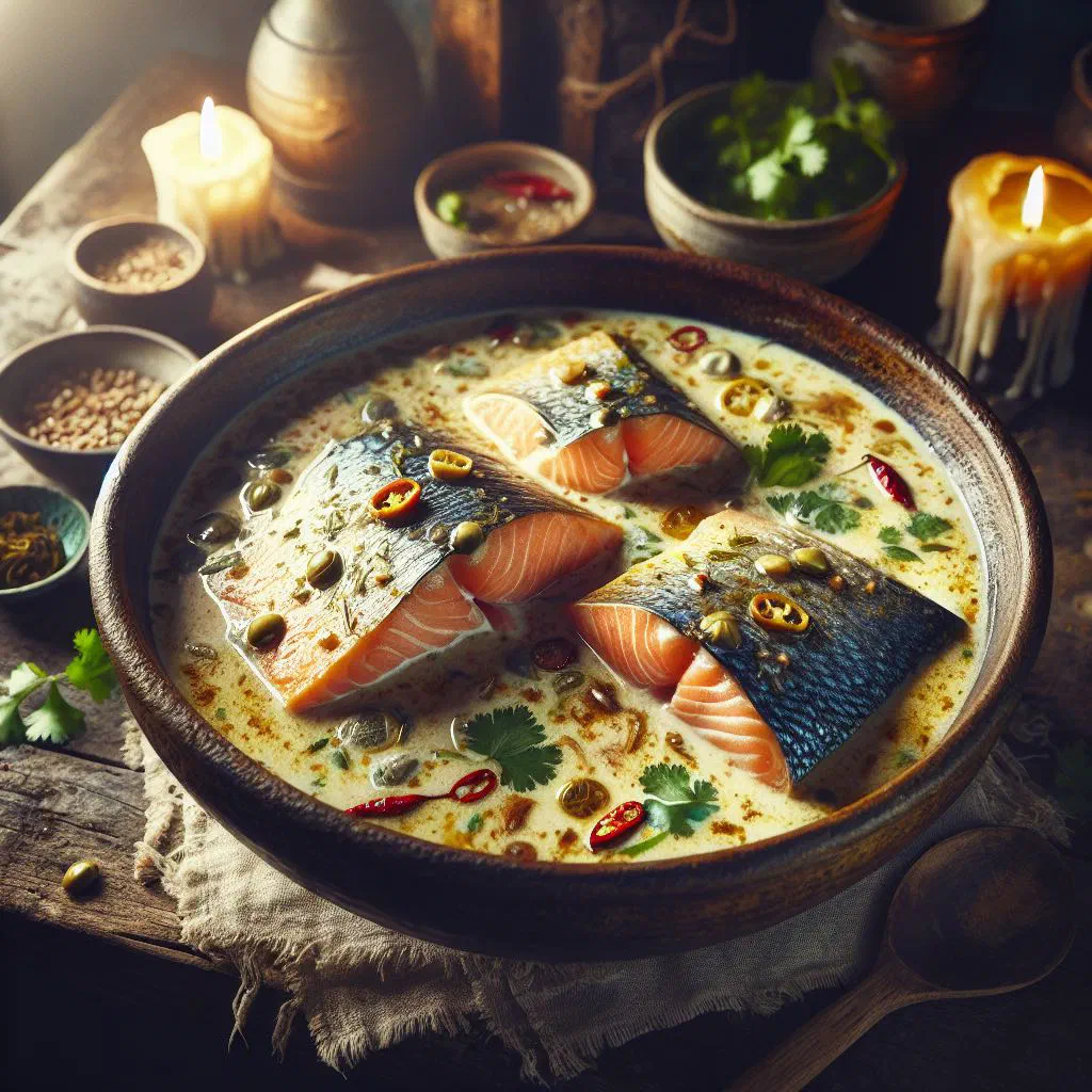 Chunks of white ocean fish poached in creamy coconut milk with fresh coriander and lime