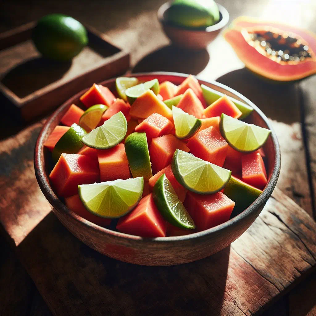 Bowl of diced papaya and lime salad with red onion and fresh herbs