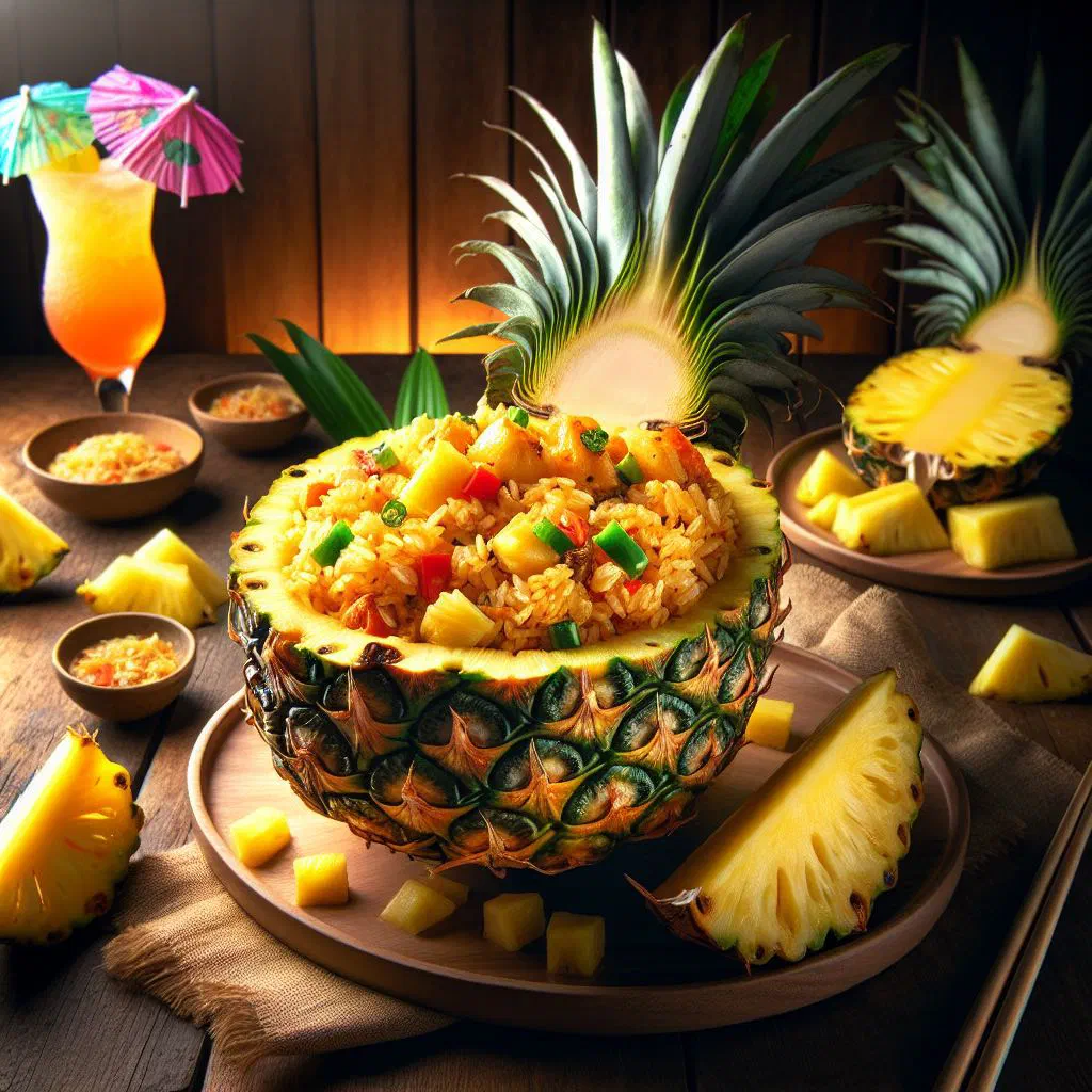 Bowl of pineapple rice with fresh pineapple pieces and mint garnish