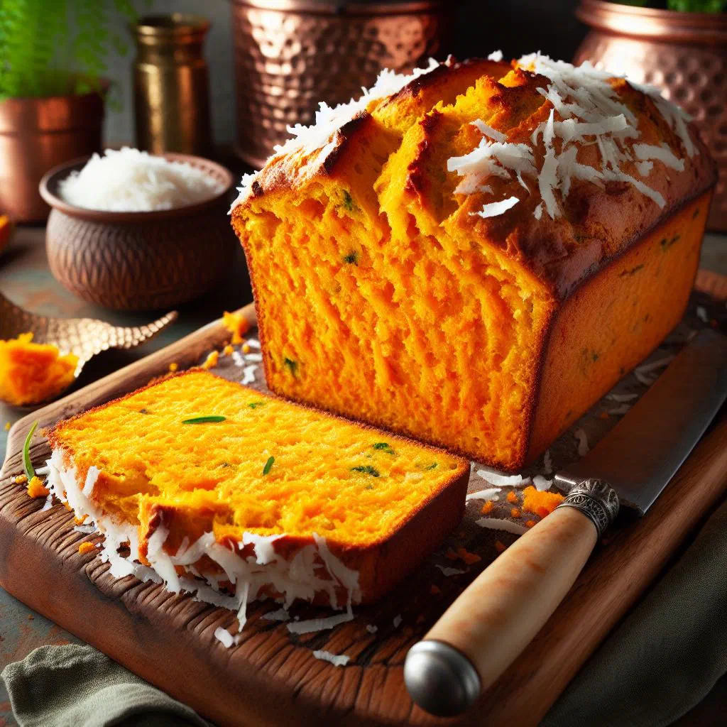 Sliced sweet potato and coconut bread on a wooden board