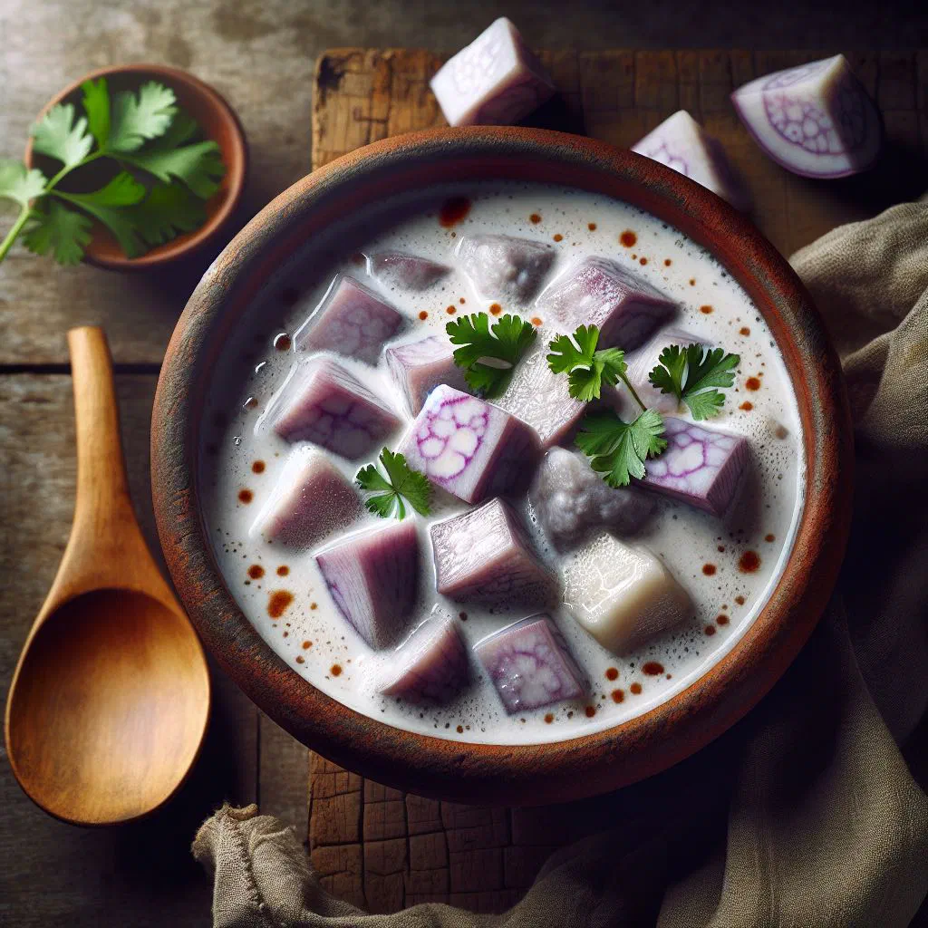 Creamy taro and coconut stew garnished with fresh coriander