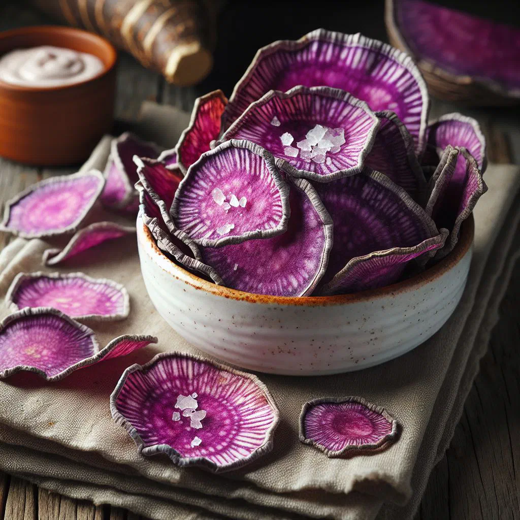 A bowl of crispy golden taro chips sprinkled with salt