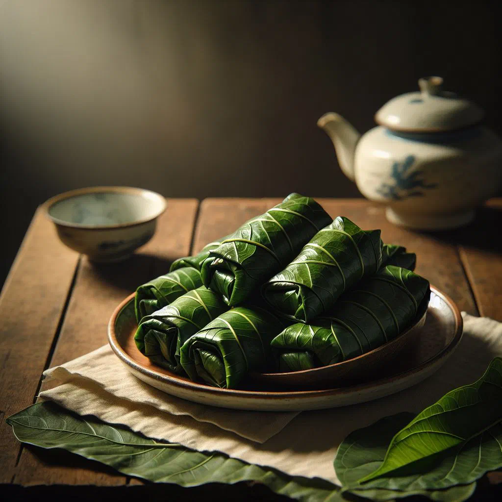Steamed taro leaf rolls with a savoury lentil filling on a plate