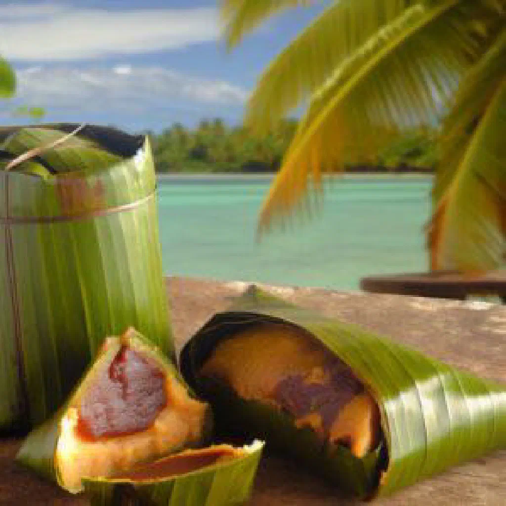 Steamed tuluk parcels wrapped in banana leaves, opened to reveal the sweet potato filling