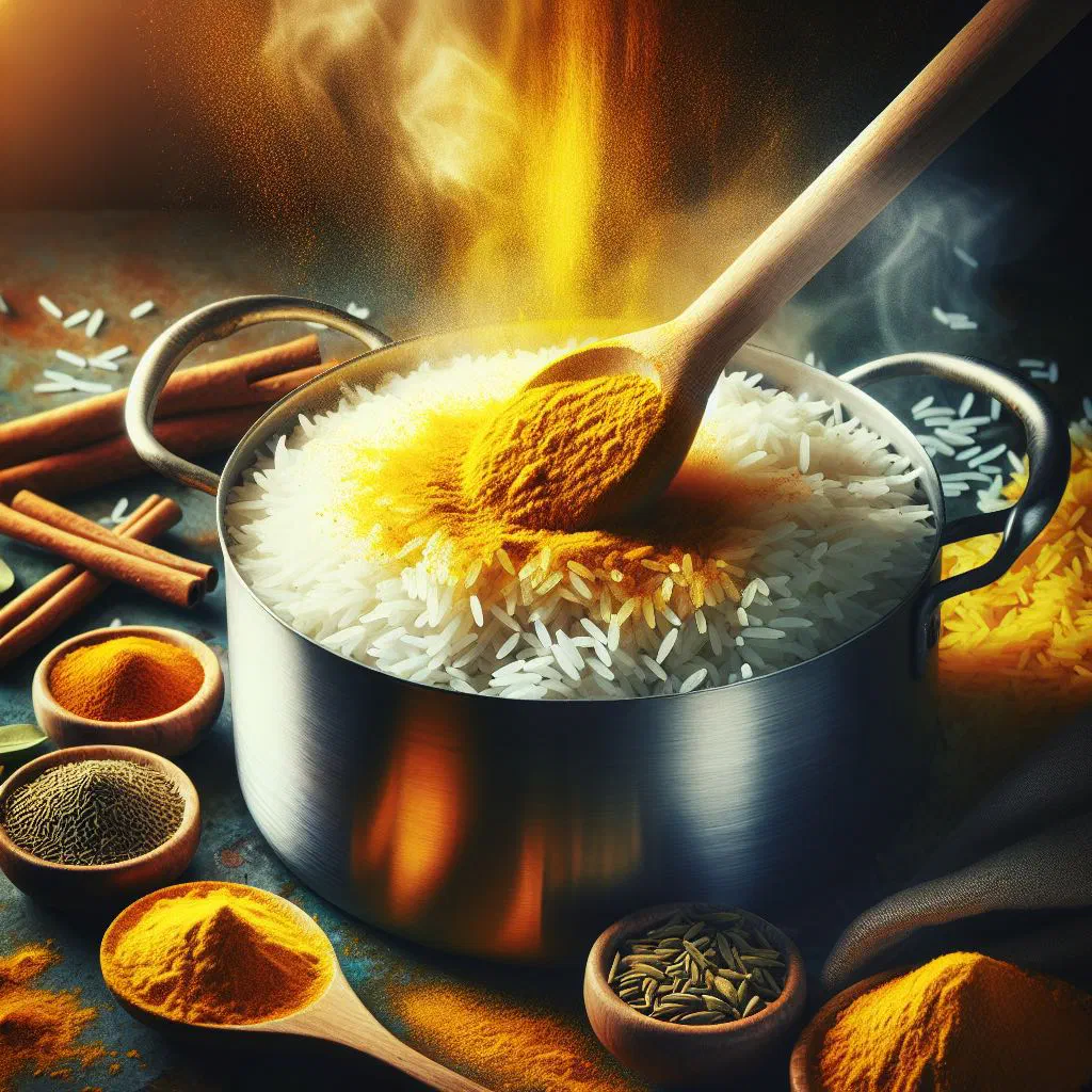 Golden turmeric-infused rice in a bowl garnished with fresh coriander