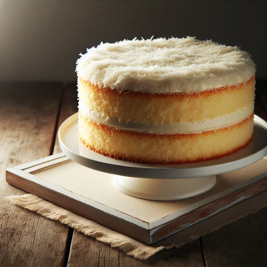 Slice of moist vanilla coconut cake topped with desiccated coconut