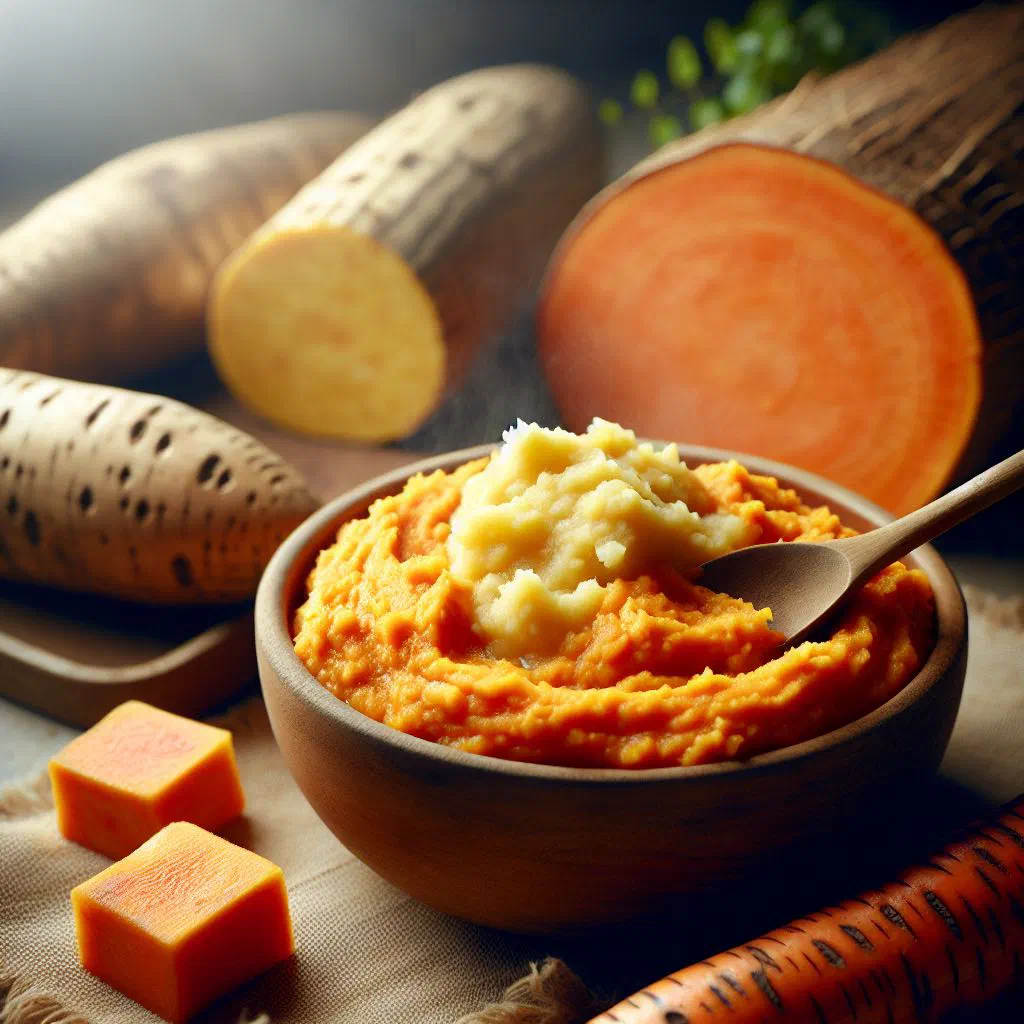 Creamy yam and cassava mash in a bowl garnished with fresh herbs