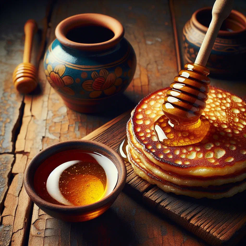 Stack of soft Somali anjero pancakes drizzled with honey